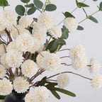 Faux White Kiku Flowers 10 Stems & 2 Eucalyptus, Fake Mums Pompon Flower Ball, Autumn Artificial Chrysanthemums Flowers for Boho Bedroom Decor, Silk Mini Faux Kiku Flower Wedding Arrangements Decor