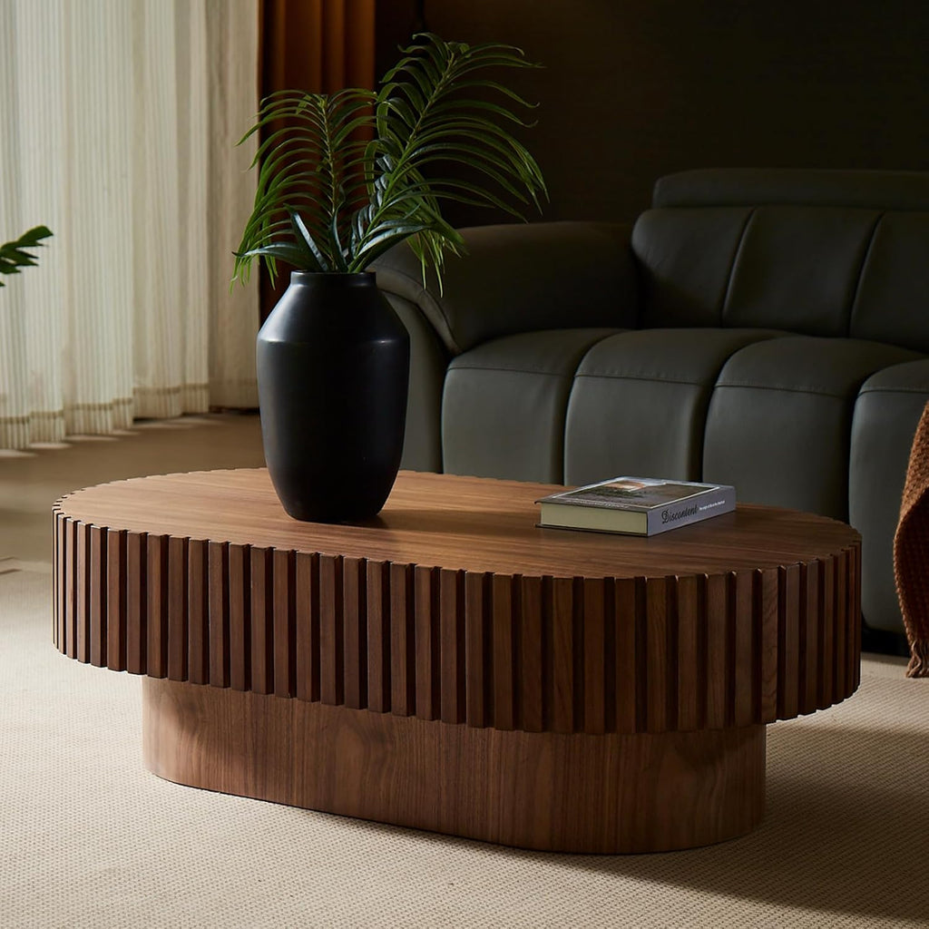 43.7" Oval Coffee Table for Living Room,Modern Handcraft Drum Coffee TableSmall Wooden Coffee Table with Sturdy Pedestal Easy Assembly for Office-Walnut