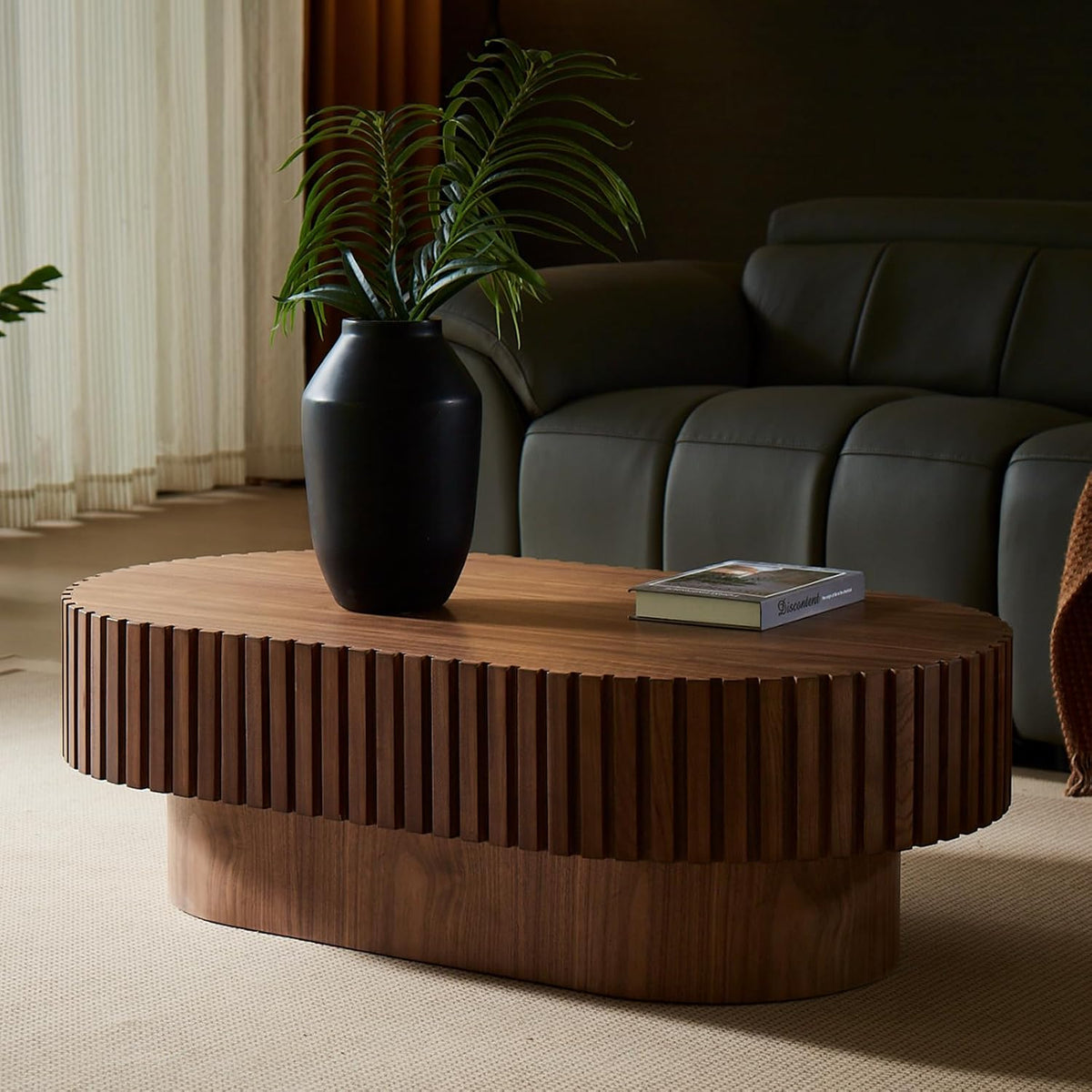 43.7" Oval Coffee Table for Living Room,Modern Handcraft Drum Coffee TableSmall Wooden Coffee Table with Sturdy Pedestal Easy Assembly for Office-Walnut