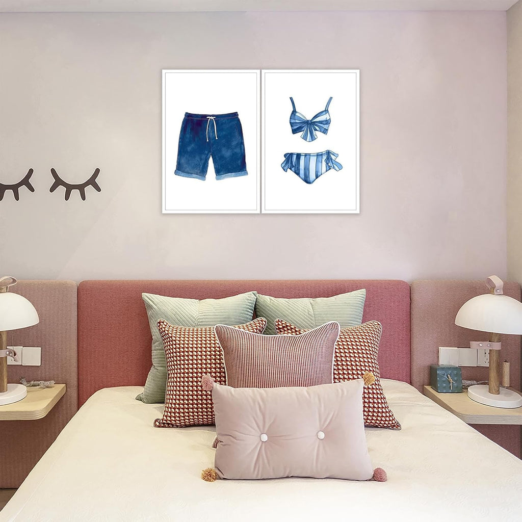 Liyark Set of 2 Retro Navy Blue And White Swimsuit Art Posters Beach Bathing Suit Prints Painting Beach House Wall Art Coastal Wall Decor Pictures For Bathroom Home Decoration 24x36in Unframed