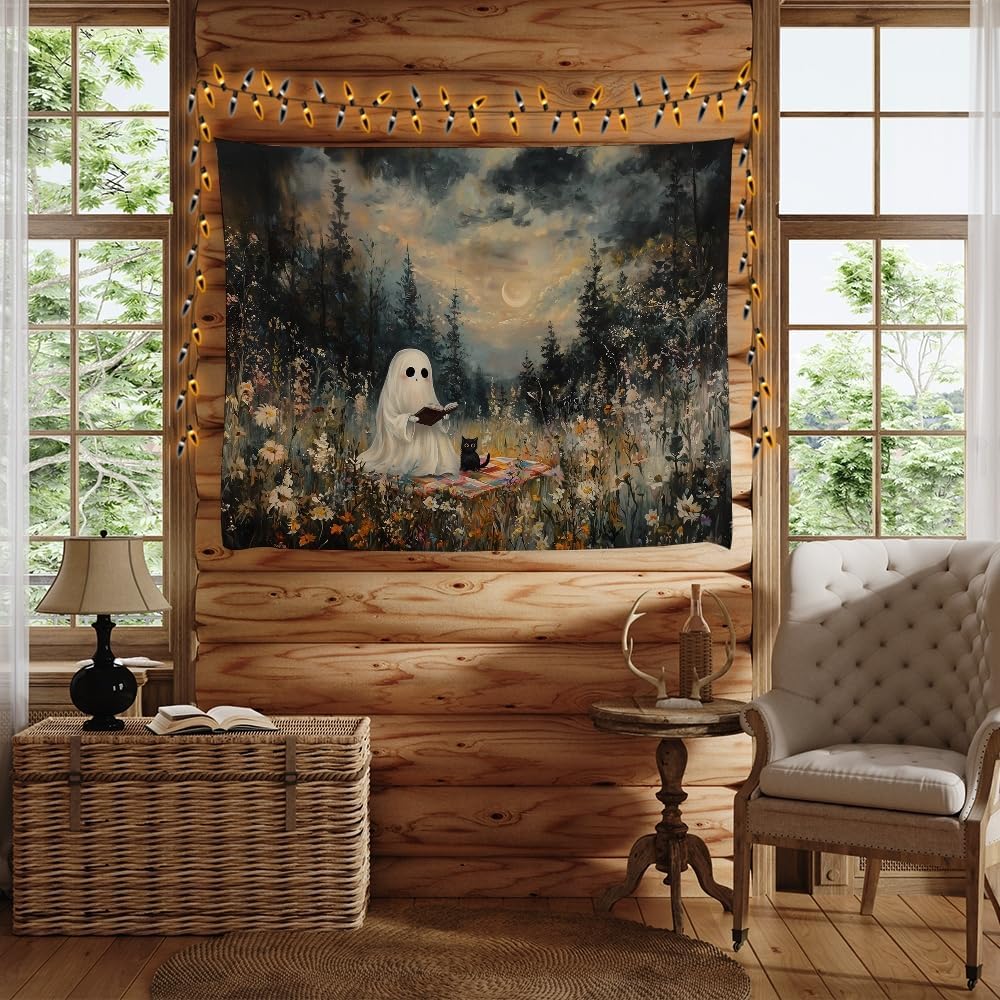 Halloween Ghost and Black Cat Tapestry Wall Hanging Spooky Ghos Reading Book in Wildflowers Wall Decor Halloween Witchy Room Aesthetic Tapestries for Goth Living Room Bedroom Decoration 60x80inch