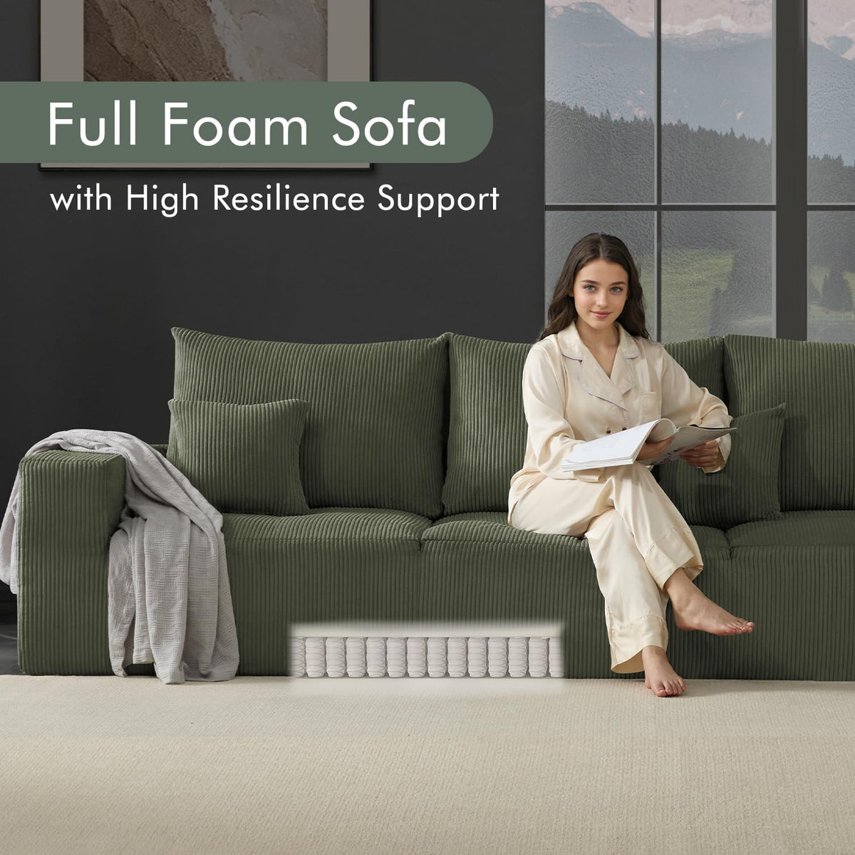 Boneless Sectional Cloud Couch Sofa for Living Room, 112" U-Shaped Modular Modern Lounge Sleeper Green Couches with Chaise, No Assemble, Cordury Compression Upholstered Sofas