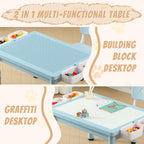 Multi Functional Kids Table and 2 Chairs Set, Graffiti & Building Blocks Double-Sided Tabletop, Toddler Play Table with Drawers, Large Storage Space, Gift for Boys/Girls, Blue