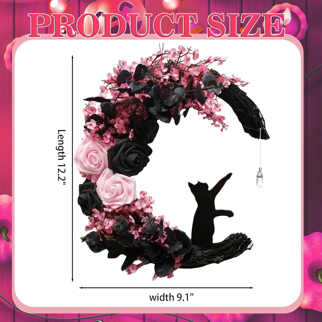 Halloween Wreaths for Front Door with Lights, Black Cat on Moon Garland with Rose Wreath Decor, Halloween Decorations Crescent Moon Wreath for Home Party Window Wall Indoor Outdoor (pink moon cat)