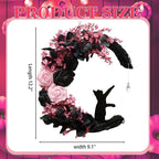 Halloween Wreaths for Front Door with Lights, Black Cat on Moon Garland with Rose Wreath Decor, Halloween Decorations Crescent Moon Wreath for Home Party Window Wall Indoor Outdoor (pink moon cat)