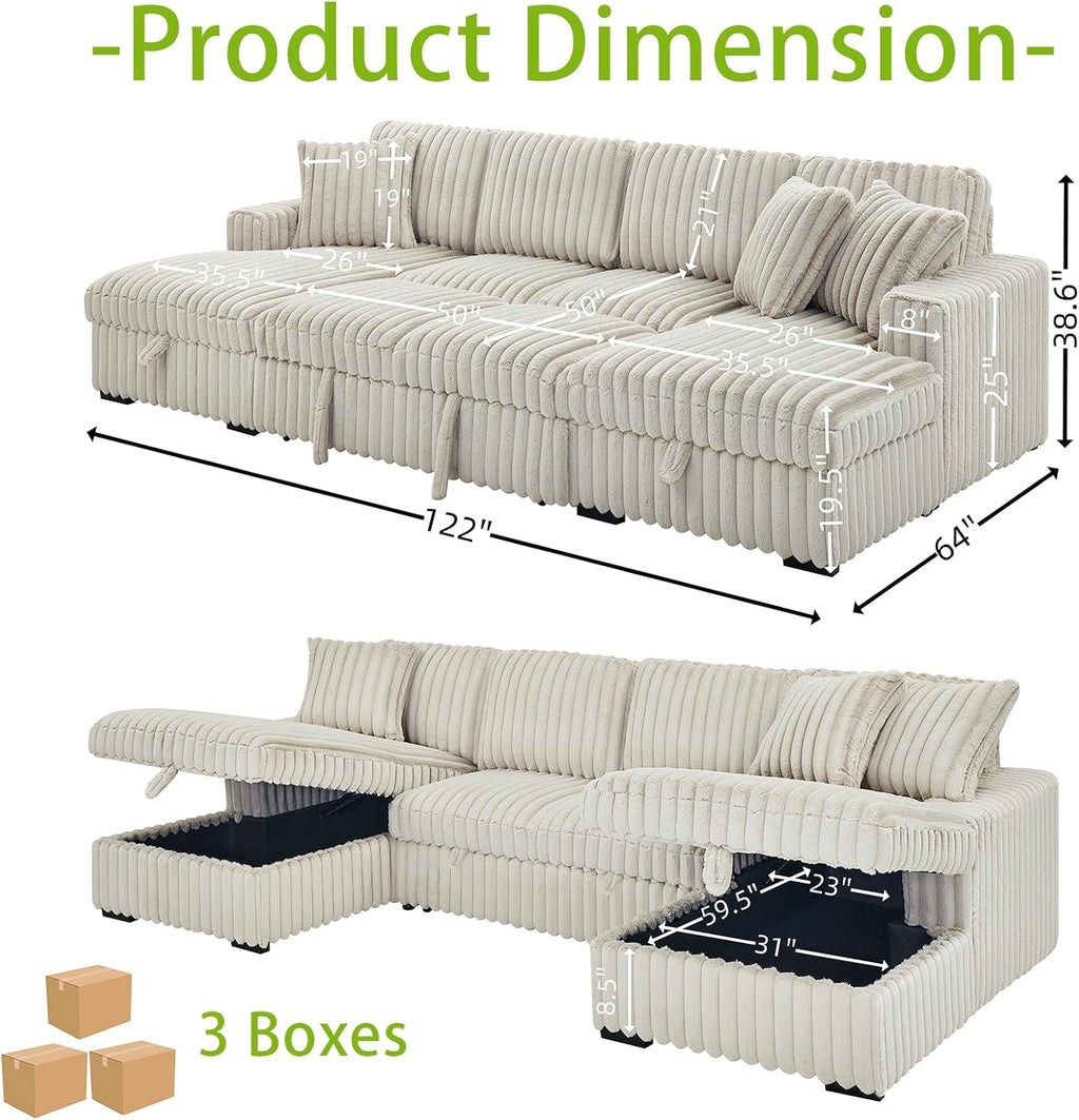 THSUPER Oversized U Shaped Plush Corduroy Fluffy Sectional Sleeper Sofa with Pull Out Bed and Double Storage Chaise for Living Room - Beige