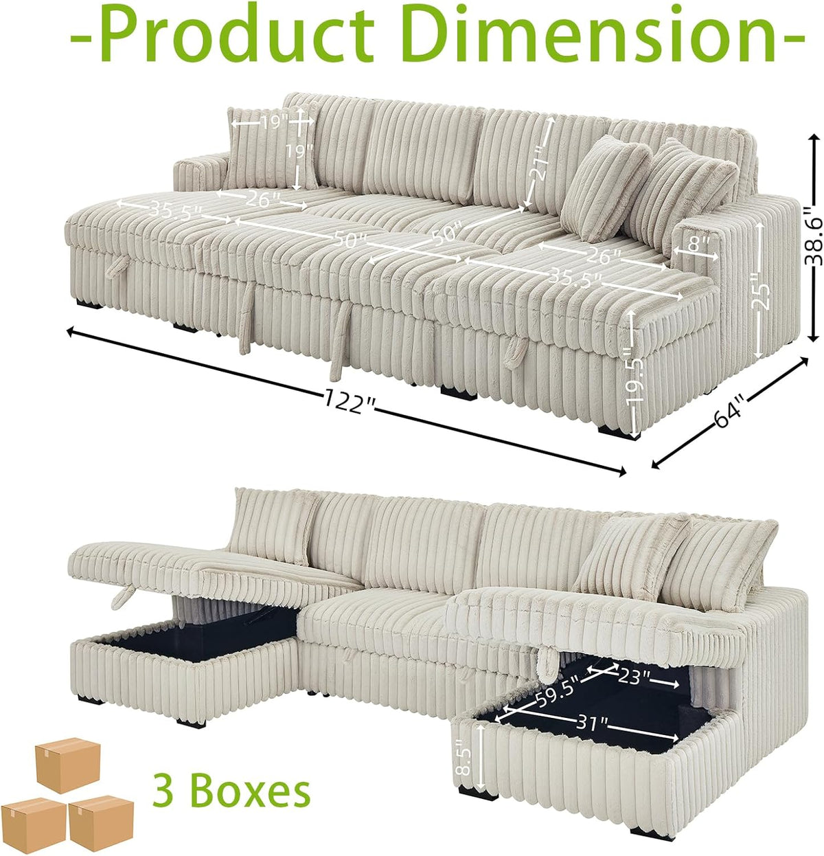 THSUPER Oversized U Shaped Plush Corduroy Fluffy Sectional Sleeper Sofa with Pull Out Bed and Double Storage Chaise for Living Room - Beige