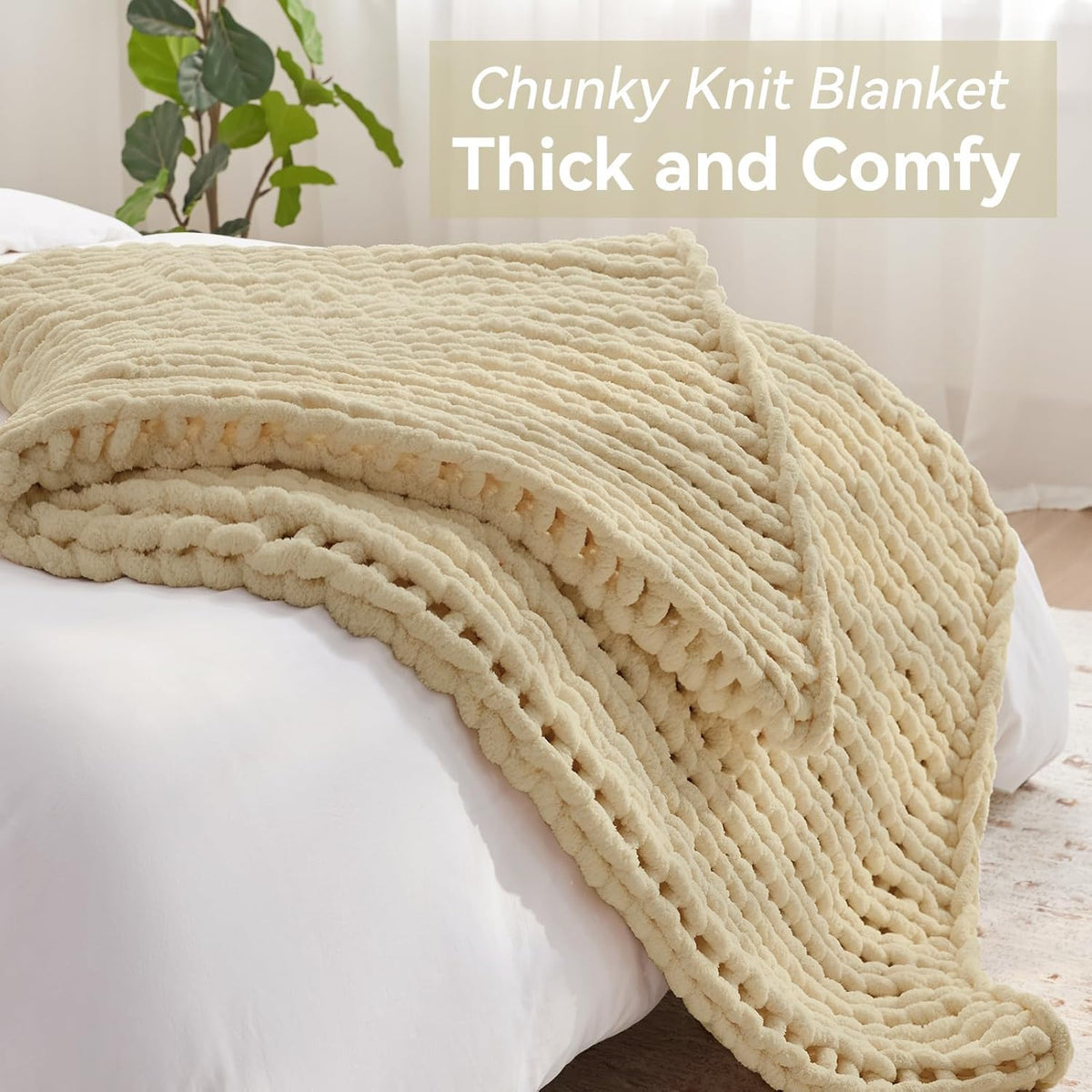 Chunky Knit Throw Blanket, 30''*40'' Knitted Throw Chenille Yarn for Bed Couch, Handmade Oatmeal Crochet Big Thick Blanket, Machine Washable Cute Comfy Blanket for Home Decor