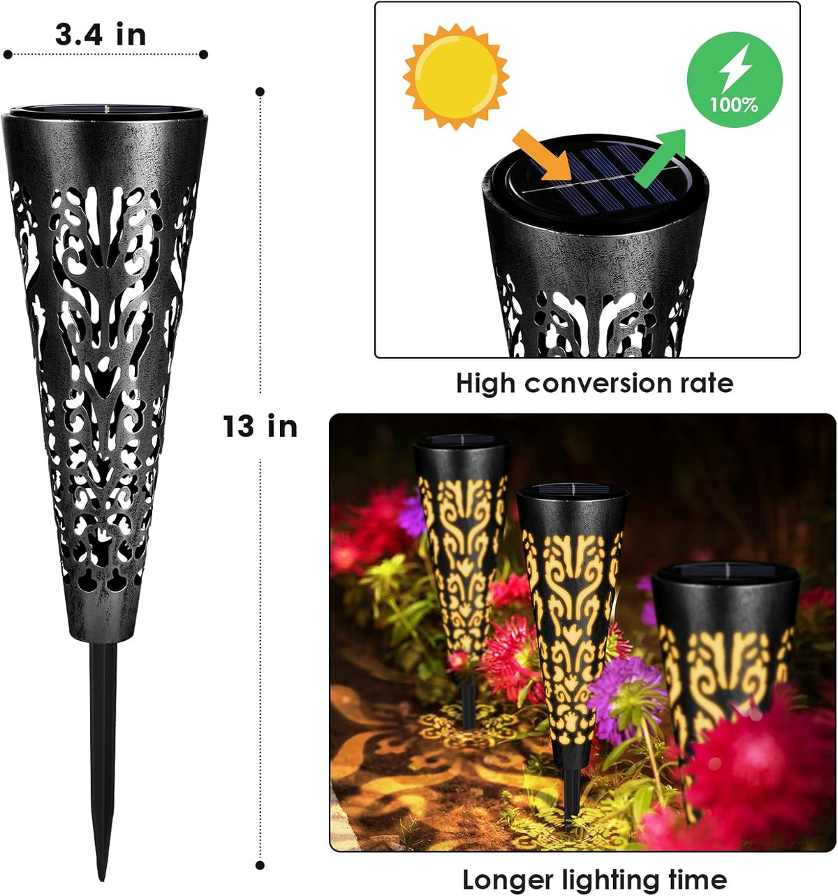 pearlstar Solar Lights Outdoor Garden Decorative Pathway Lights Waterproof Unique LED Solar Stake Lights for Patio Yard Walkway Driveway Landscape Decor, Conical, Warm Lights, Black-6pack