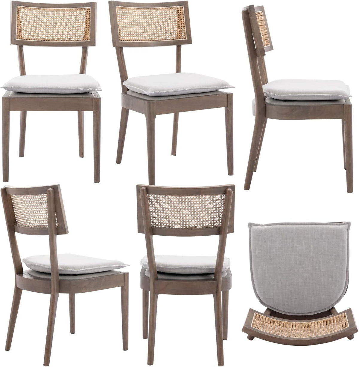 Rattan Dining Chairs Set Of 6 , Mid Century Modern Upholstered Cane Back Chairs with Removable Linen Cushion , Retro Farmhouse Natural Wooden Kitchen & Dining Room Chairs for Restaurant Living Room