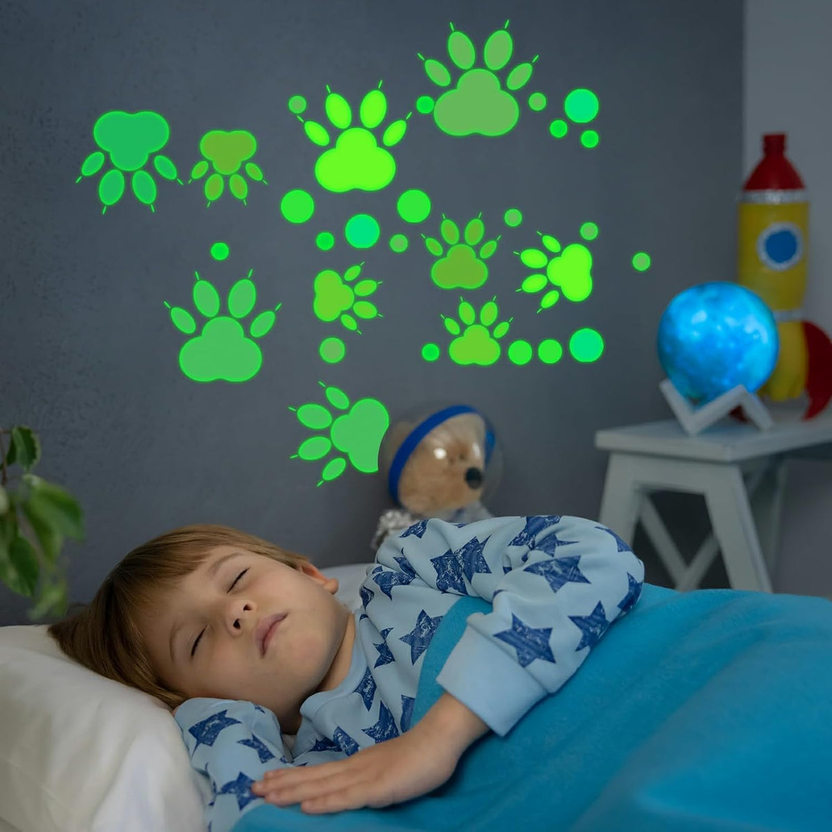 Glow in The Dark Paw Print Stickers, 128 PCS Luminous Colorful Dog Paws Wall Decals for Kids' Bedroom, Nursery, Playroom & Party Room Decor
