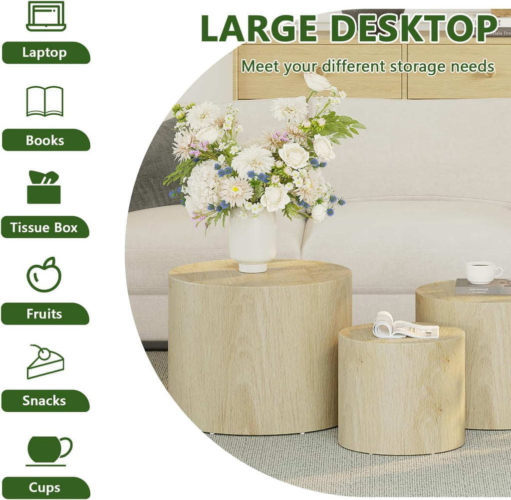 Vikiullf Nesting Coffee Table Set of 3, Round Wooden Coffee Tables, Modern Circle Table for Living Room Side Table End Table, Saving Space Design and No Need Assembly,Natural Wood Grain
