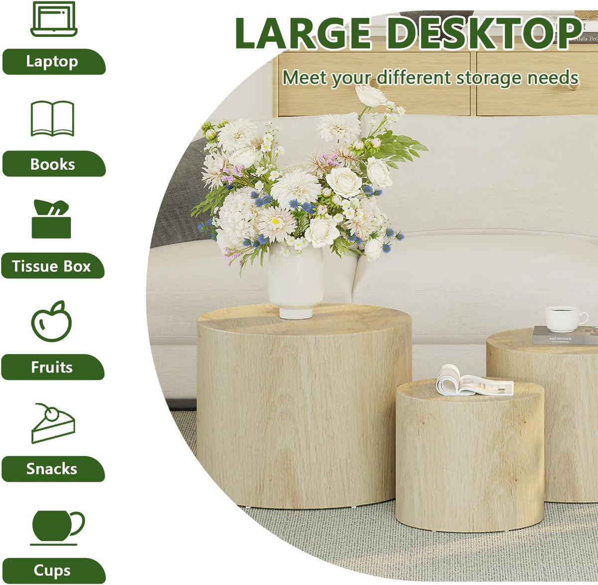 Vikiullf Nesting Coffee Table Set of 3, Round Wooden Coffee Tables, Modern Circle Table for Living Room Side Table End Table, Saving Space Design and No Need Assembly,Natural Wood Grain