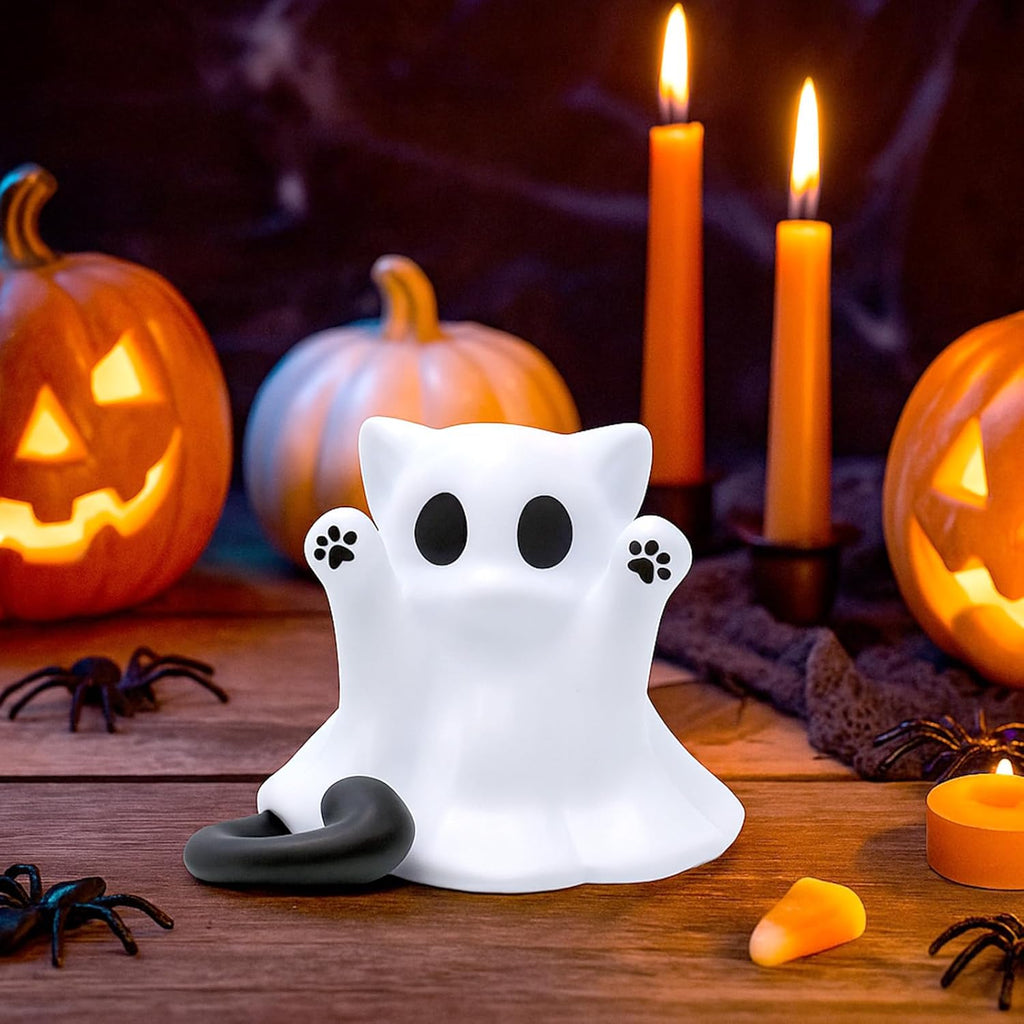 Halloween Ghost Statue Cute Spooky Figurines Desk Ornament Decorations Cartoon Mini Spooky Halloween Unique Cat Ghost Figurines for Festive Home and Office Desktop Decor Display Ornaments