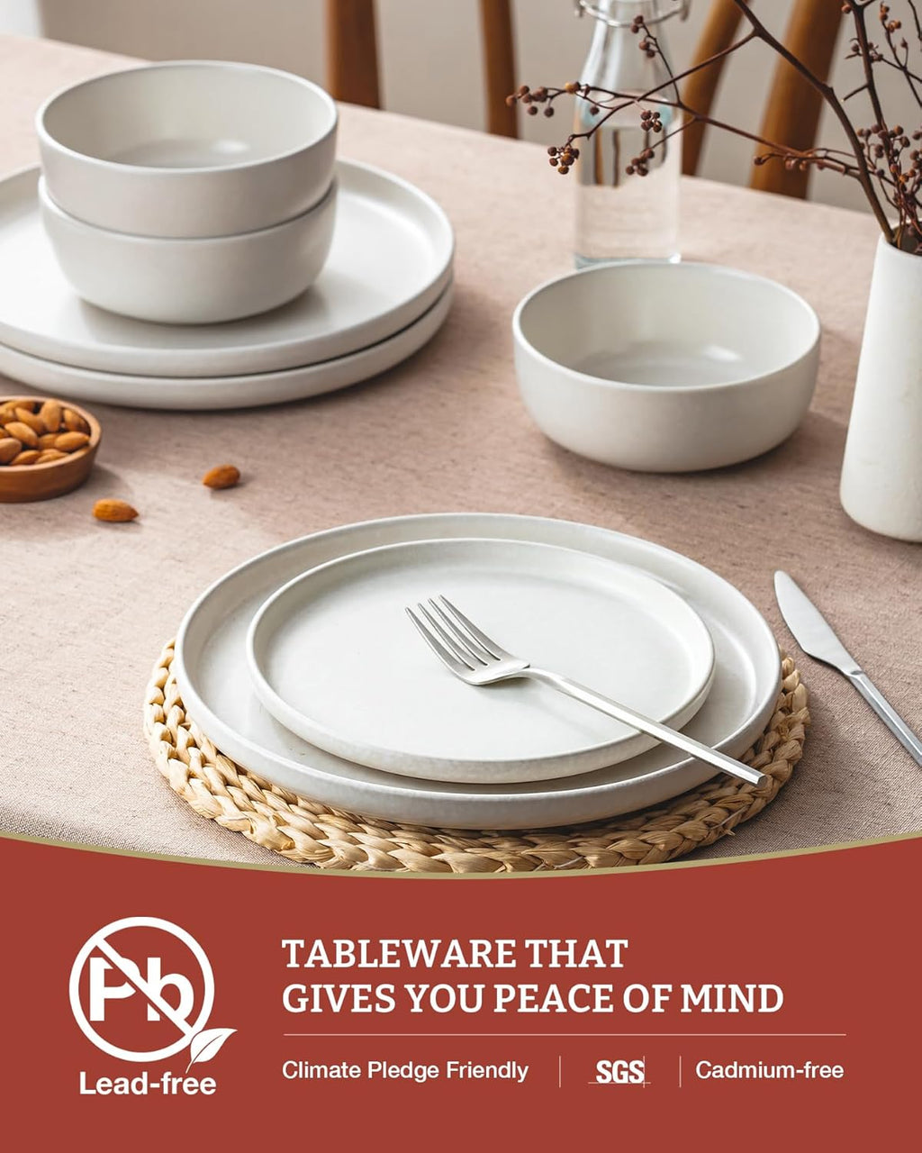 Famiware Milkyway Plates and Bowls Sets, 12 Pieces Dinnerware Sets, Reactive Glaze Dish Set, Stoneware Dishes Set for 4, Matte White