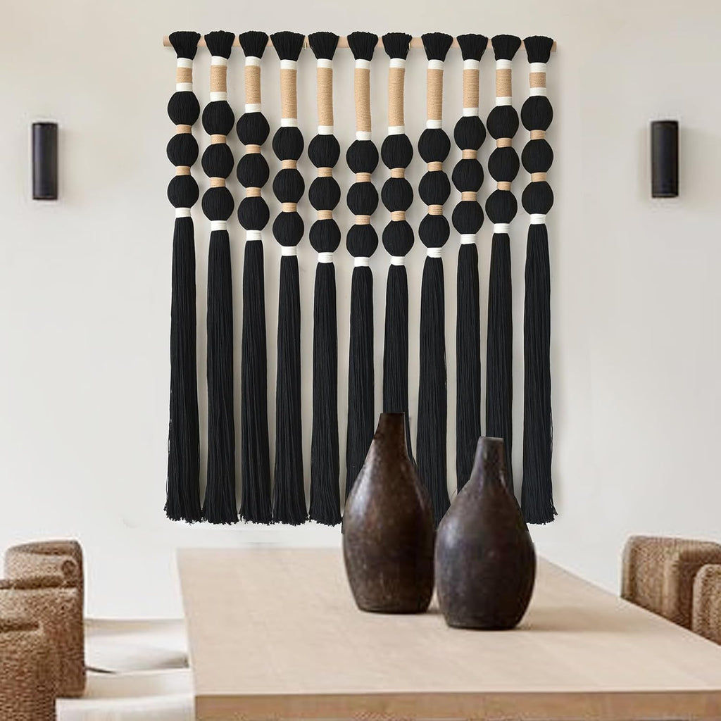 Macrame Wall Hanging Boho Wall Decor Black Fiber Yarn Wall Art Handmade Cotton Spherical Knot for Living Room Bedroom Nursery Office Home Decor27" W x 33" L
