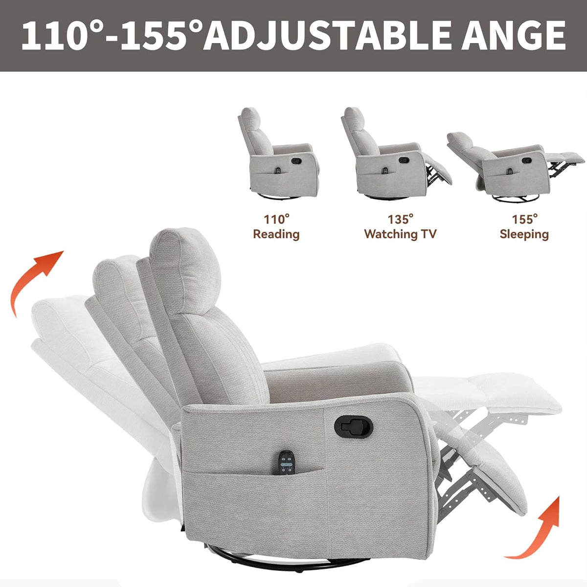 Manual Swivel Rocker Recliner Chair for Adults, Overstuffed Reclining Glider Chair for Nursing with Vibration Massage & Heat, Living Room Rocking Recliner 2-Stage backrest, Chenille Fabric Light Gray