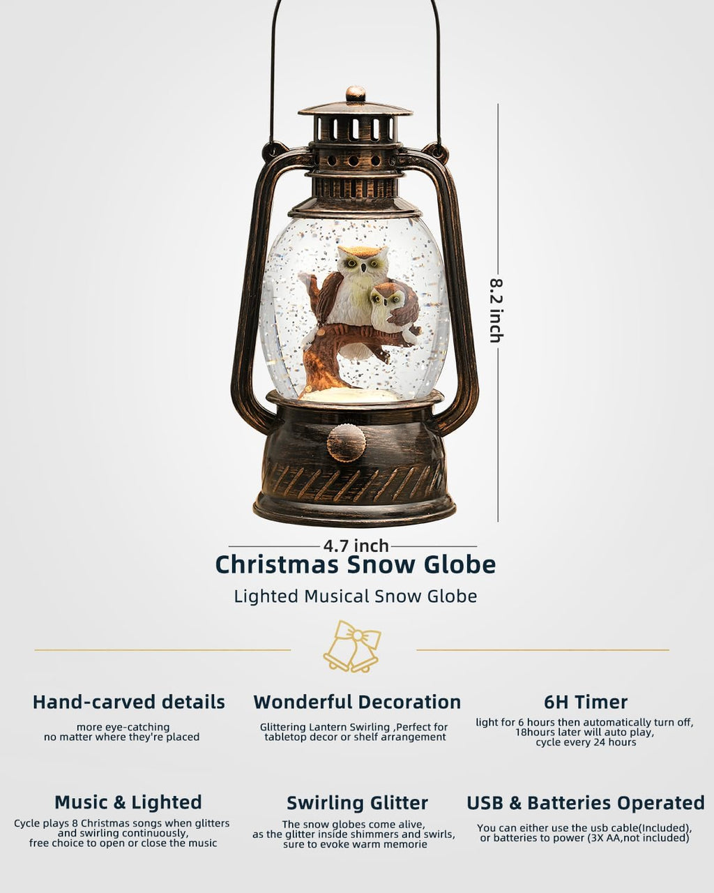 Snow Globe Christmas Decorations - Musical Christmas Snow Globes with 6H Timer,Owls Family Scene Snow Globes Lantern USB or Battery Powered,Christmas Decorations Decor for Home
