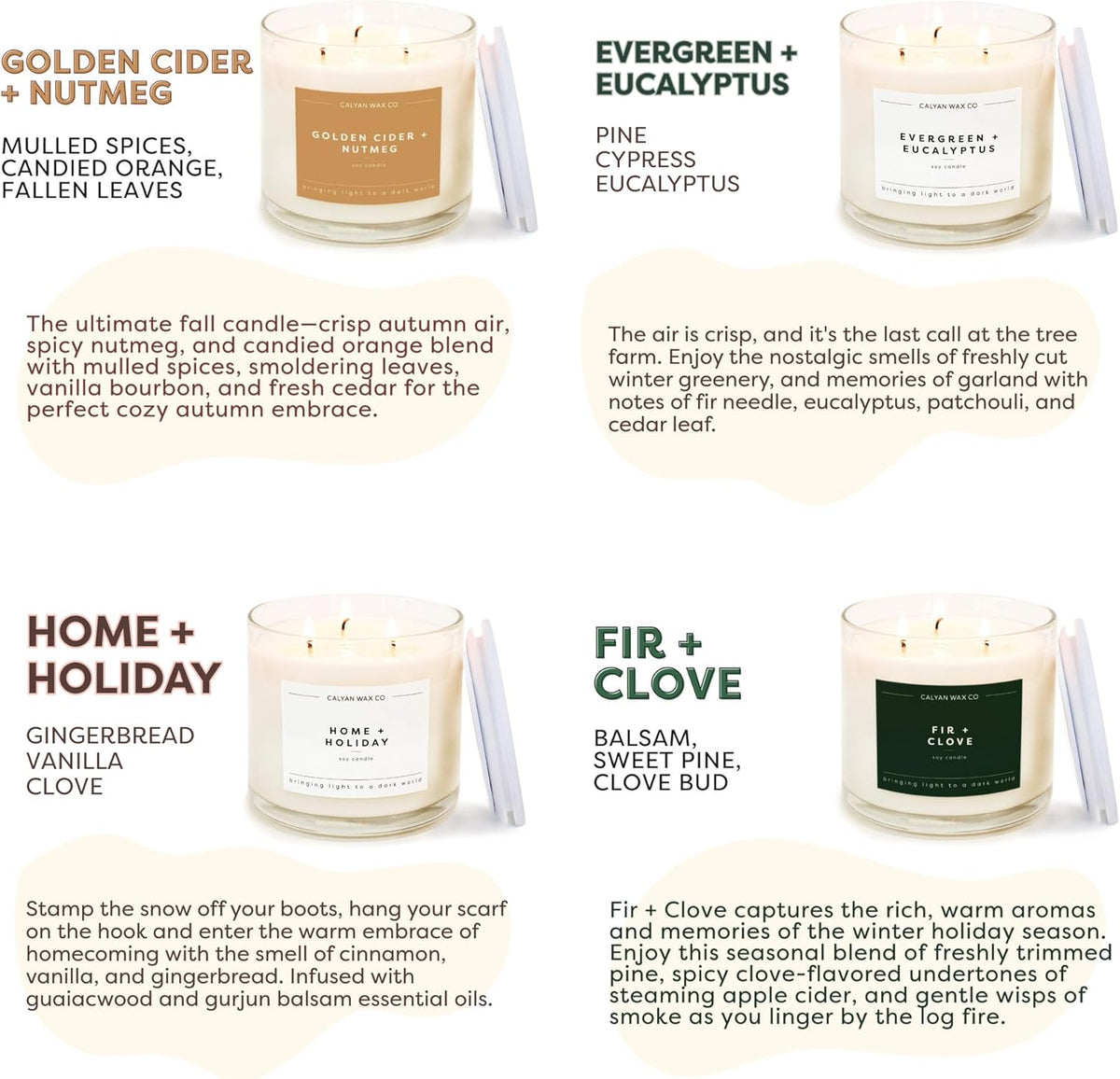 Calyan Wax Co. Holiday Scented Candle Set, Holiday Bundle of 4 Scented Candles, Bulk 3 Wick Candles, Non Toxic & Vegan Soy Wax, Candle Gift Set, 43 Hour Burn Time, 14.9oz Each