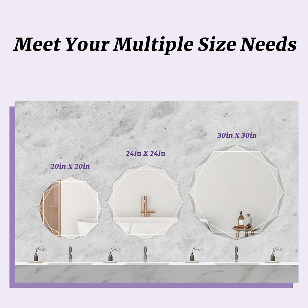 Bathroom Mirror for Wall, 24" x 24" Circle Bathroom Vanity Mirror, Beveled Edge Frameless Wall Mount Vanity Mirror, Decorative Round Irregular Beveled Edge