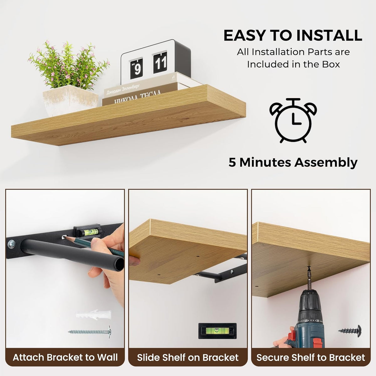 24 inch Floating Shelves Long Floating Shelves for Wall Large Wall Mounted Shelves with Invisible Brackets, Oak Shelves for Bathroom, Living Room, Kitchen, Office, 24x6.7 inch deep Set of 2