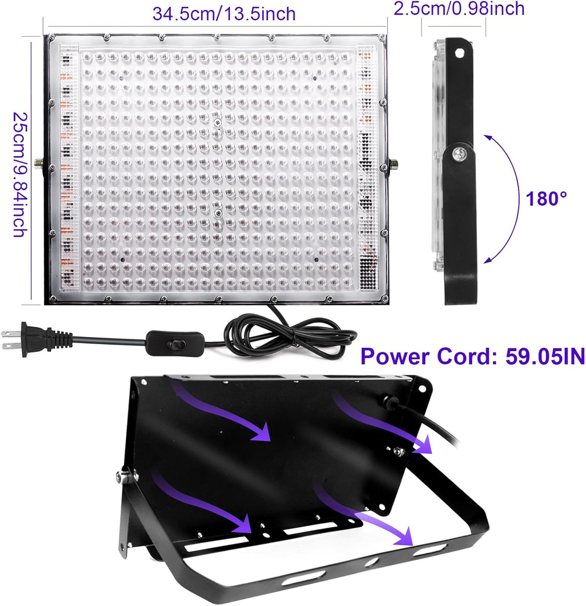 2 Pack 300W Black Lights, Blacklight Flood Light with Plug and Switch,for Glow Party, Black Light Party, Halloween, Body Paint, Neon Glow, Fluorescent Poster, Stage Lighting