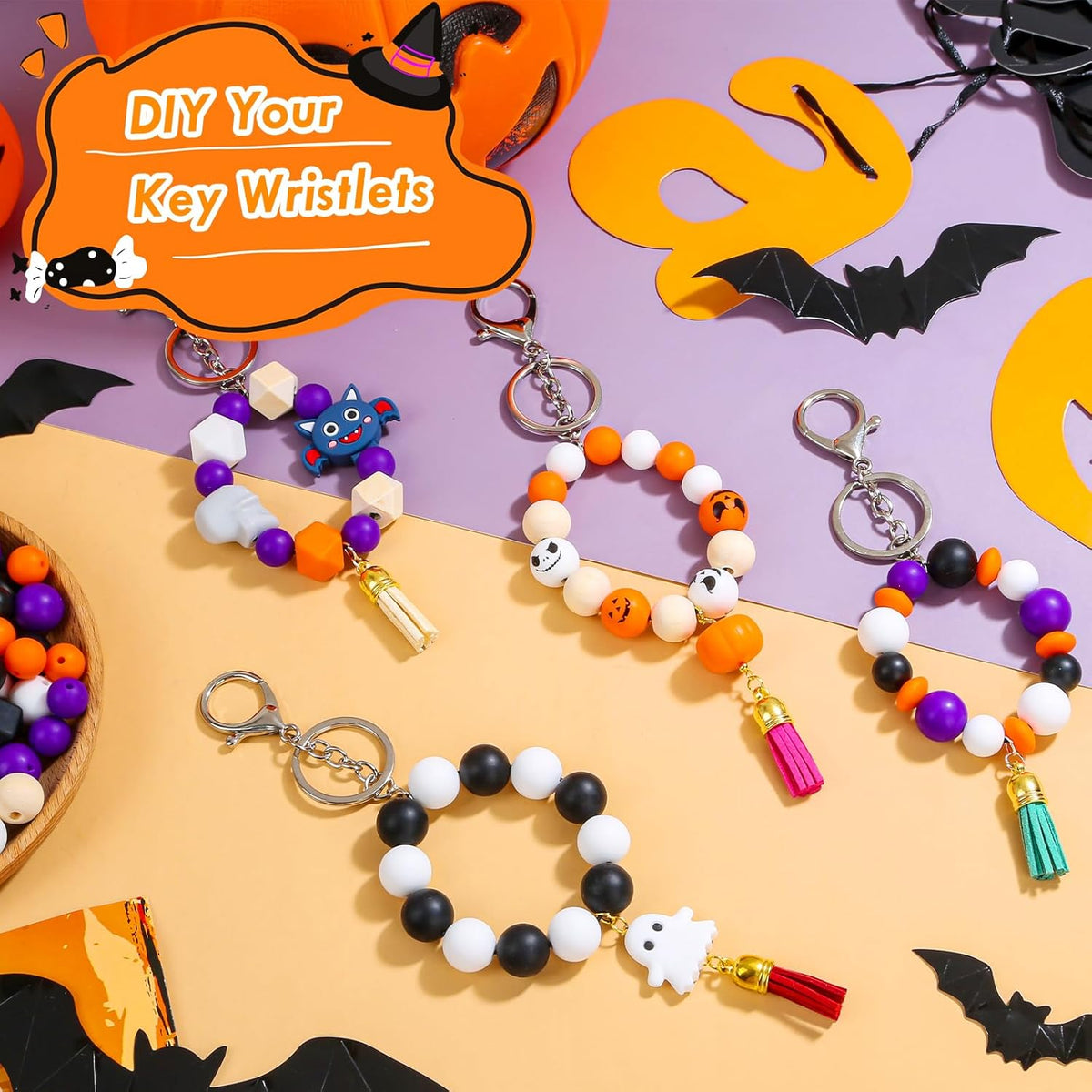 221PCS Halloween Silicone Beads for Keychain Making, Silicone Focal Bead Bulk with 15mm 14mm Loose Bead, 14mm Hexagonal Rubber Bead, Wooden Bead, Silicone Abacus Bead for DIY Necklace Bracelet Lanyard