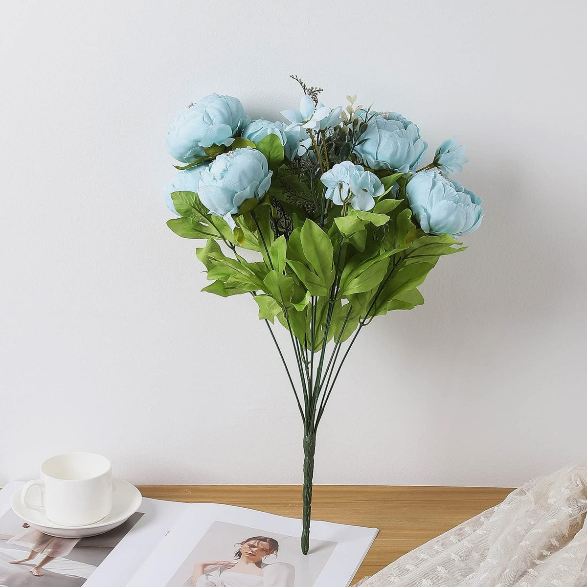 Duovlo Artificial Peony Silk Flowers Fake Flowers Vintage Wedding Home Decoration,Pack of 1 (Spring Blue)