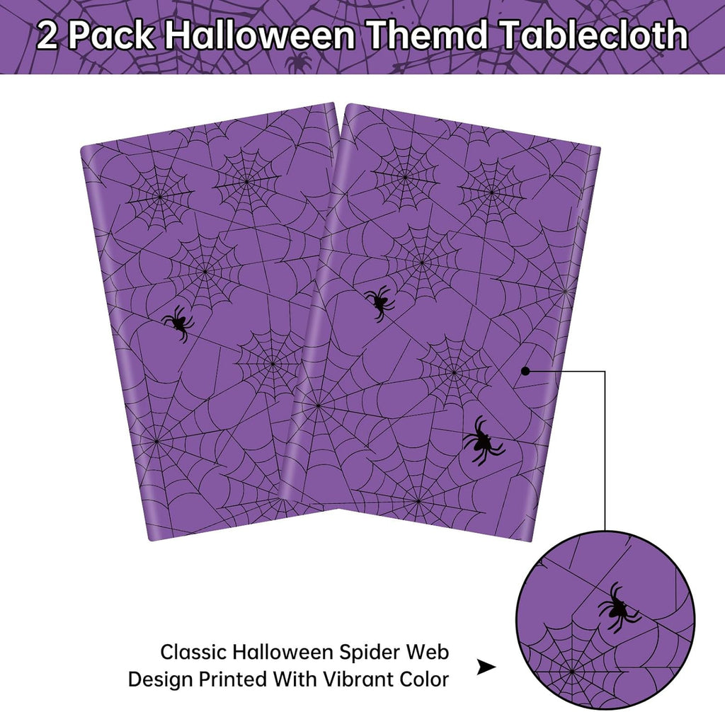 2 Pcs Halloween Tablecloth - Plastic Halloweens Spider Webs Table Cloth, Purple Disposable Rectangle Spiderweb Table Cover for Halloween Party Decorations Supplies Favors Tables Decor, 108 x 54 Inch