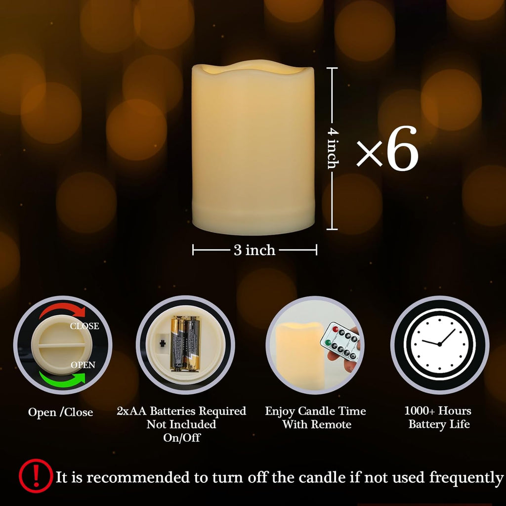 3" x 4" Flameless Candles with Remote and Timer, Waterproof Outdoor Battery Operated Flickering LED Flameless Pillar Candles for Weeding Birthday Decoration, Ivory, Plastic, Set of 6