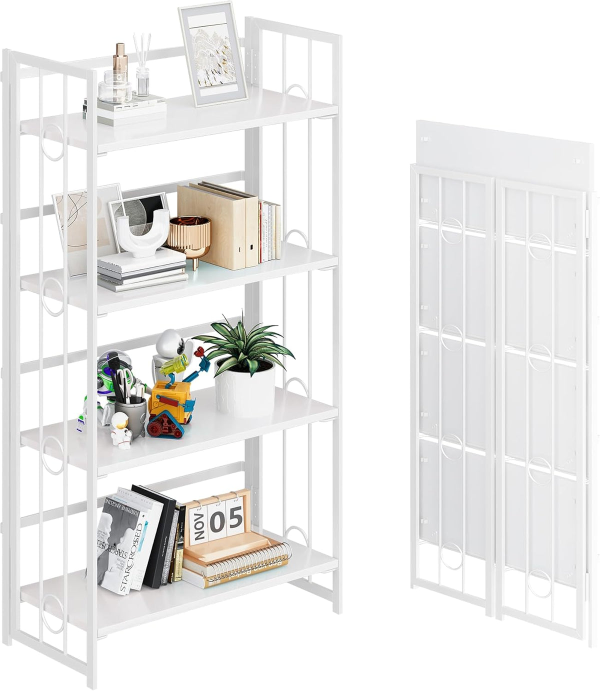 4NM No Assembly 4 Tiers Folding Bookshelf, 47.2" H Foldable Storage Shelves Vintage Bookcase Standing Racks Study Organizer Home Office - All White