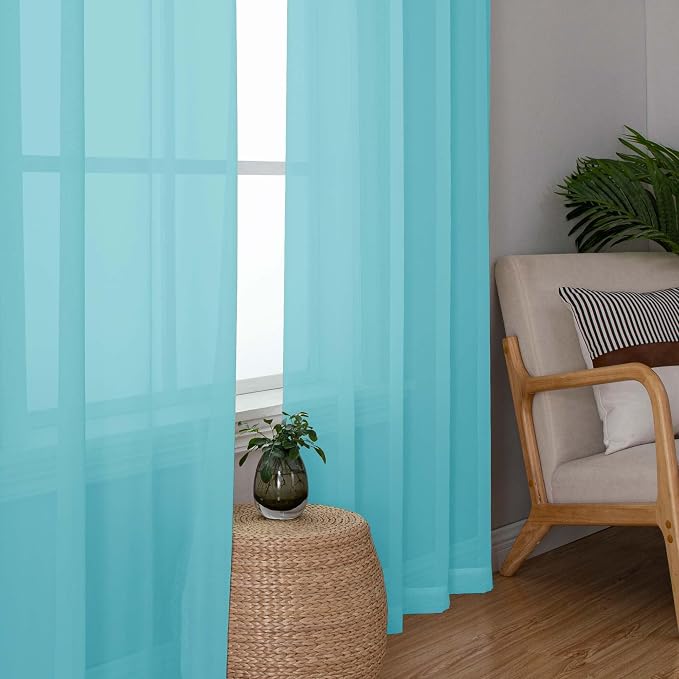 Aqua Kitchen Sheer Curtains for Bedroom Living Room 45 Inch Length, Soft Solid - Image 3