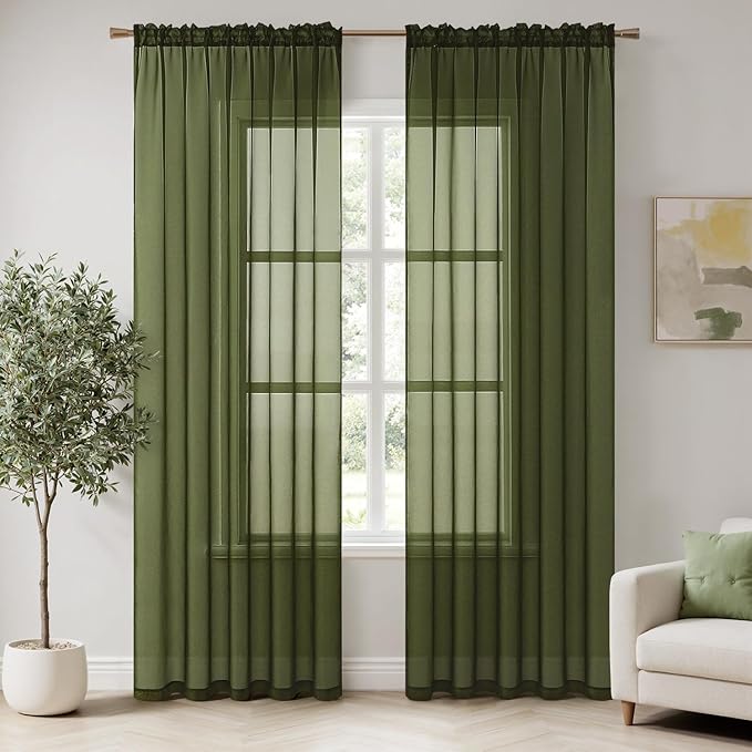 MIULEE Olive Green Sheer Curtains 54 X 90 Inches, 2 Panels | Solid Color by MIULEE