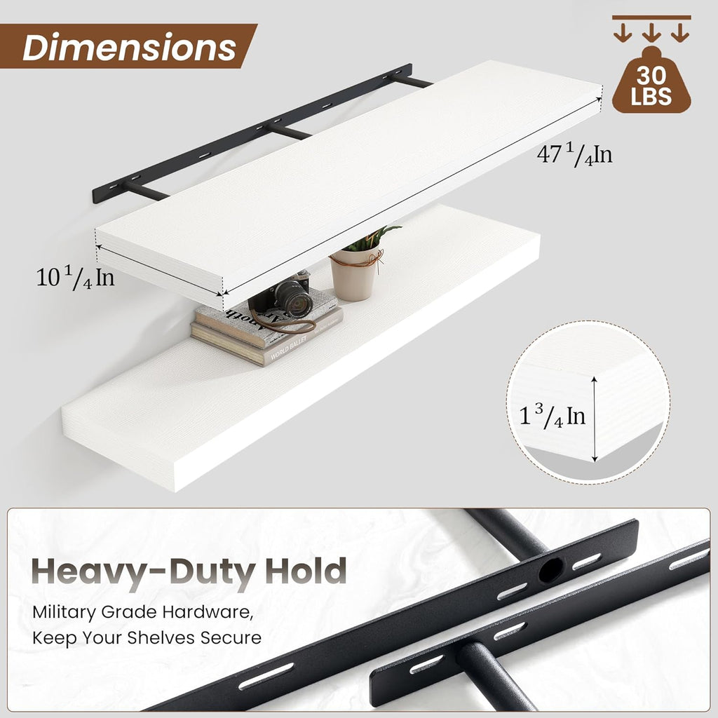 Heimlove 48" White Floating Shelves for Wall,10 Deep Rustic Wood Display & Storage Wall Shelves with Heavy Duty Brackets for Bathroom,Bedroom,Kitchen,Living Room,Office