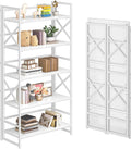 4NM 5 Tiers No Assembly Book Shelves, 51.2" H Folding Bookshelf Bookcase Open Industrial Foldable Shelves for Bedroom, Living Room, Home Office - All White