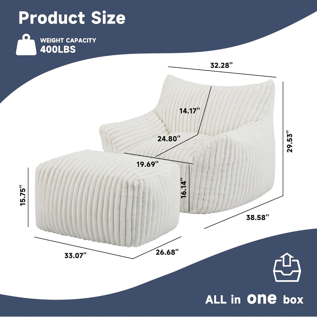 Giant Bean Bag Chairs for Adults, Oversized Chaise Lounge Chair Indoor with Memory Foam - Plush Boneless Lounger & Ottoman for Bedroom, Living Room, Gaming & Reading, Lazy Floor Sofa Chair, Beige