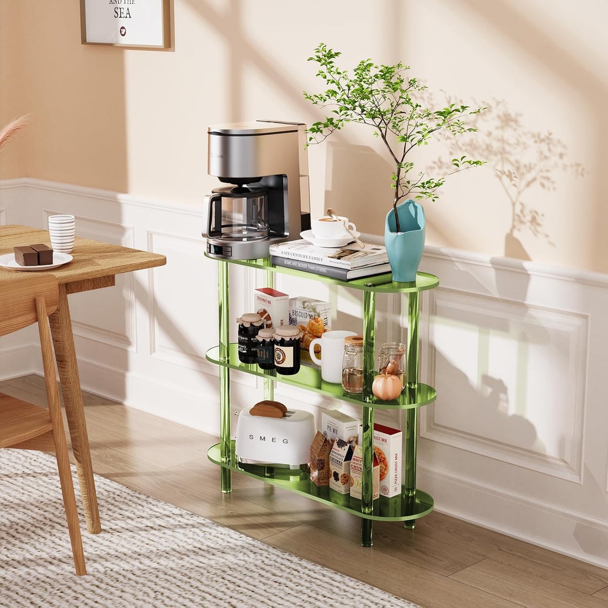 Clear Bookshelf, Acrylic Bookcase with Open Book Shelf Console Table for Entryway Office (3 Tier Green)