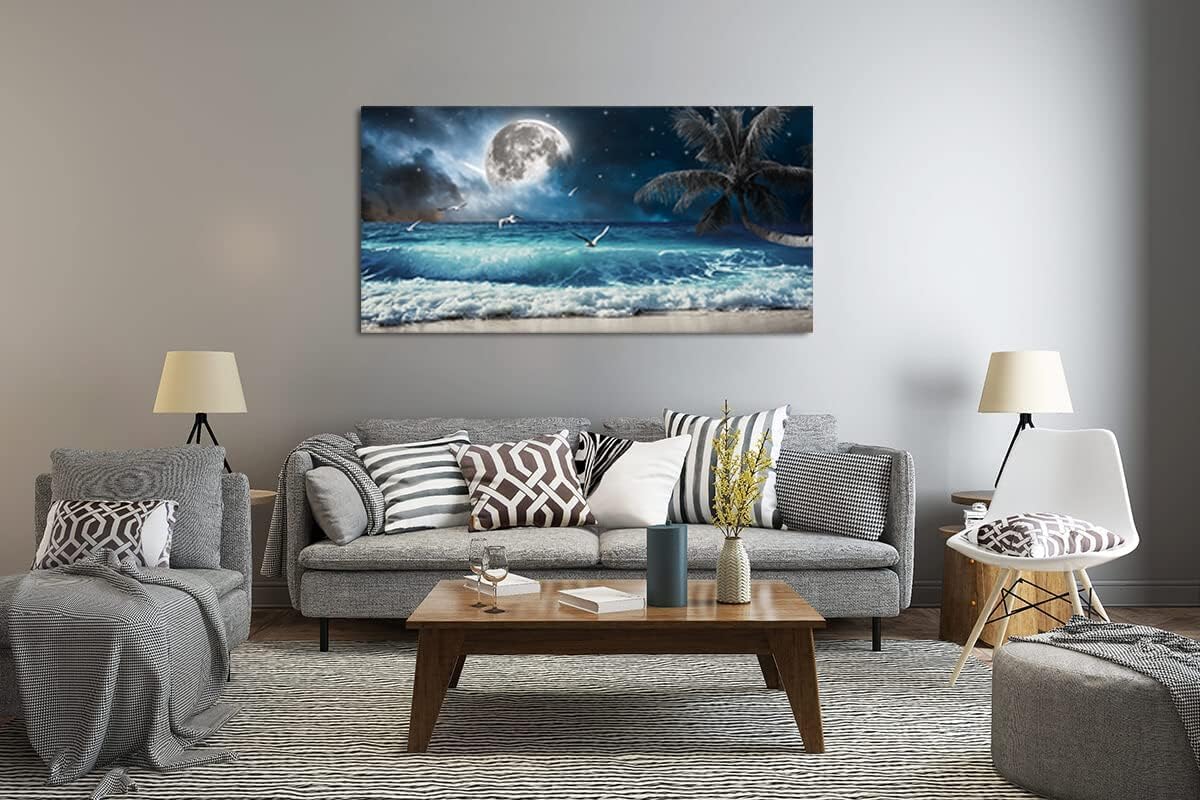 Yxbhhym large Moon Ocean Wall Art Seascape Sea Wall Pictures Canvas Beach Prints Poster Scenery Ocean Paintings Palm Artwork for Bedroom Modern Framed Office Wall Art Living Room Decor-30x60inches