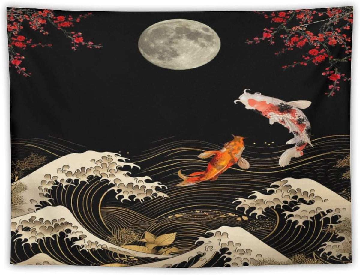 Houselerax Koi Fish Tapestry, Japanese Style Yin Yang Big Wave Cherry Blossom Tapestries Wall Hanging for Bedroom Living Room Office Decor 80"x60"