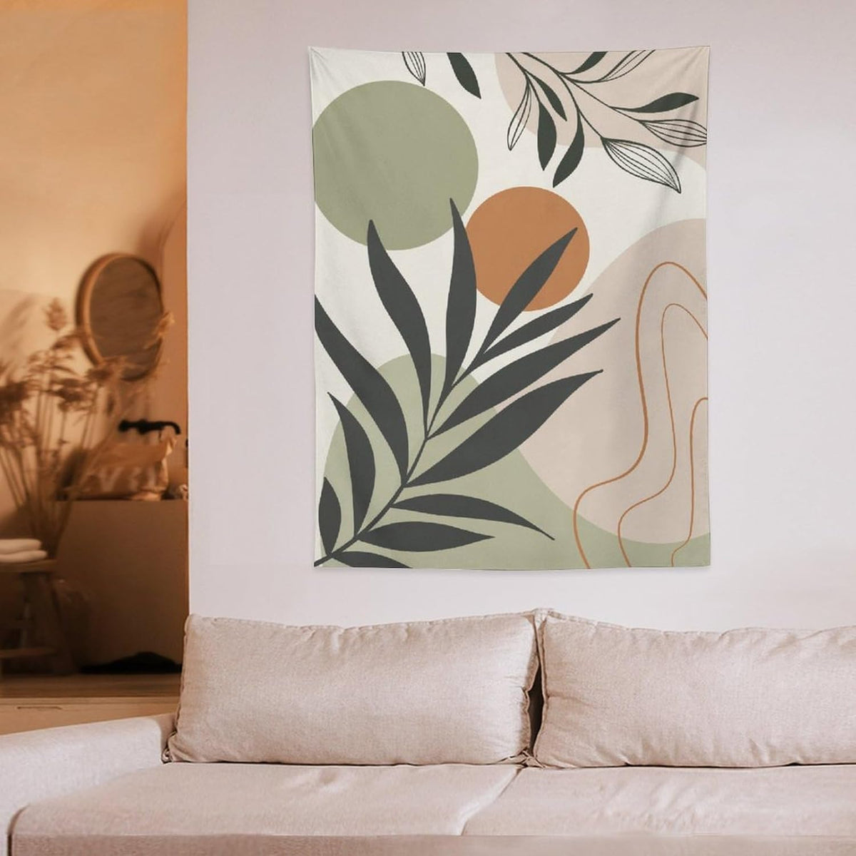 Abstract Bohemian Mid Century Tapestry, Tropical Leaves Modern Geometric Archway Minimalist Bohemian Botanical Aesthetic Wall Hanging, Sage Green Gold Home Decor Art for Bedroom 40x60 Inch
