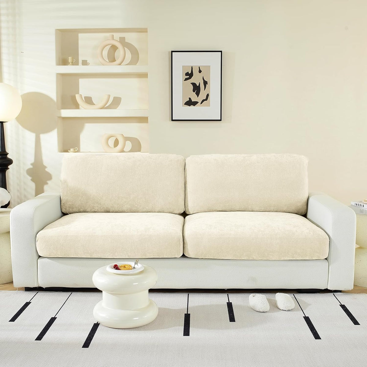Large Backrest Cushion Covers Super Stretch for 2 Couch Back Cushions, Featuring Chenille Yarn (Softer Version, 2PC, Beige)