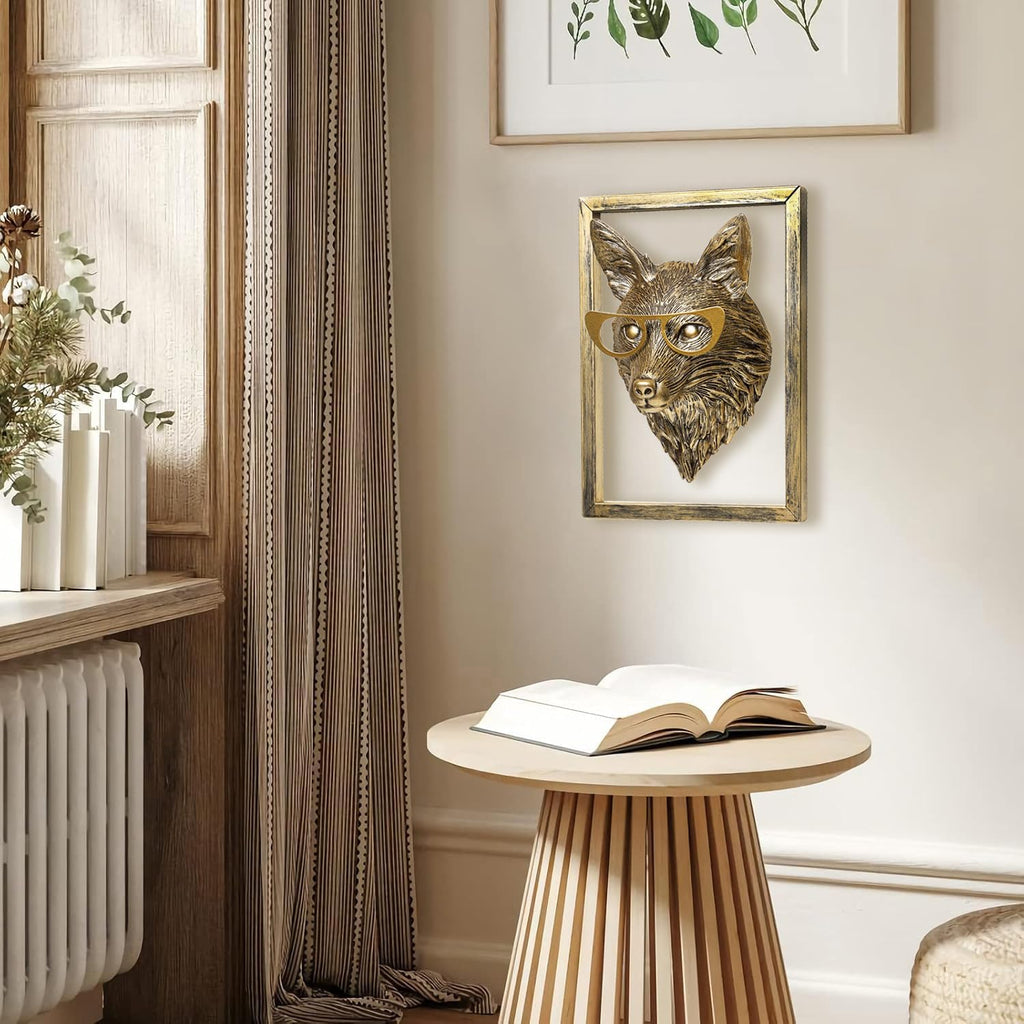 Animal Heads Wall Decor (Includes Metal Frame) Resin Animals Sculptures Head Wall Hanging Decoration Gold vintage Wall Sculpture for Living Room Bedroom Office(Fox)