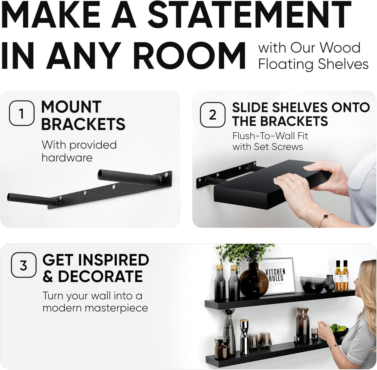 Homeforia Floating Black Shelf 42 inch, High End Solid Real Wood 42 inches Long Floating Shelves for Wall, Black Wooden 42inch Large Floating Shelves, Heavy Duty Bracket, 42 X 6.5 X 1.75 in, Set of 2