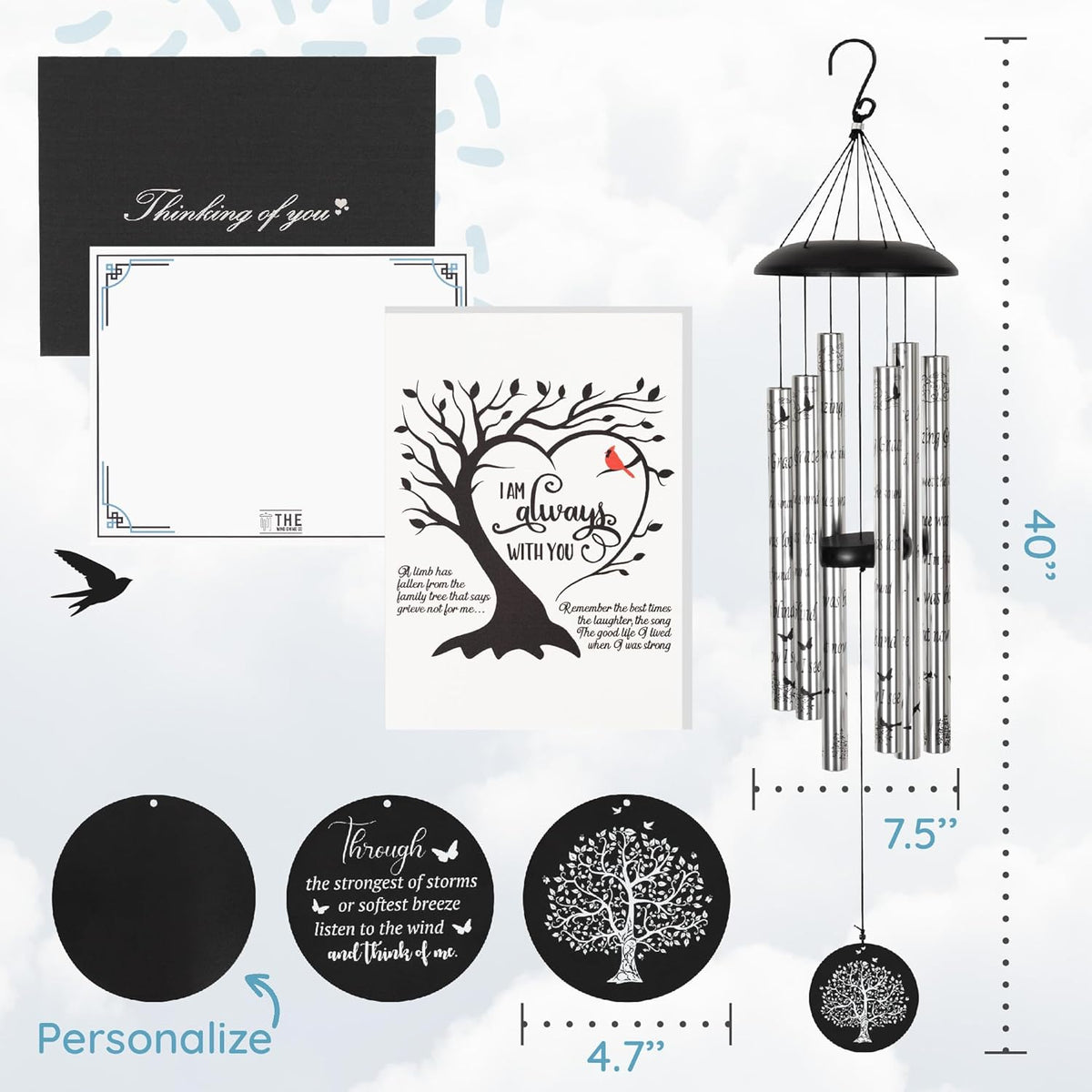 The Wind Chime CO Deep Tone Sympathy Wind Chime with 6 Andonized Aluminum Tubes Tuned Soothing Melody, Memorial Wind Chimes for Outside Decoration (Patio, Graden, Yard) 40"