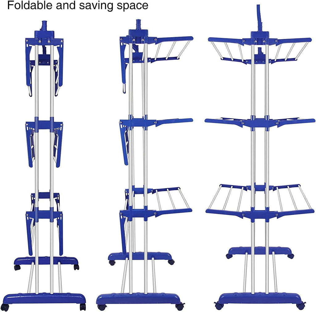 Bigzzia Clothes Drying Rack, Folding Stainless Steel Drying Rack Clothing Indoor Outdoor, Space-Saving, 4 Tier Laundry Drying Rack with Two Side Wings Grey Blue
