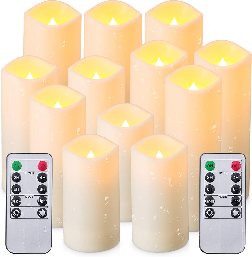 Waterproof Flickering Flameless Candles, Set of 12 Battery Operated Candles (D2.2'' x H4''5''6''7"), Outdoor Indoor Candles with 10-Key Timer Remote, Long Lasting