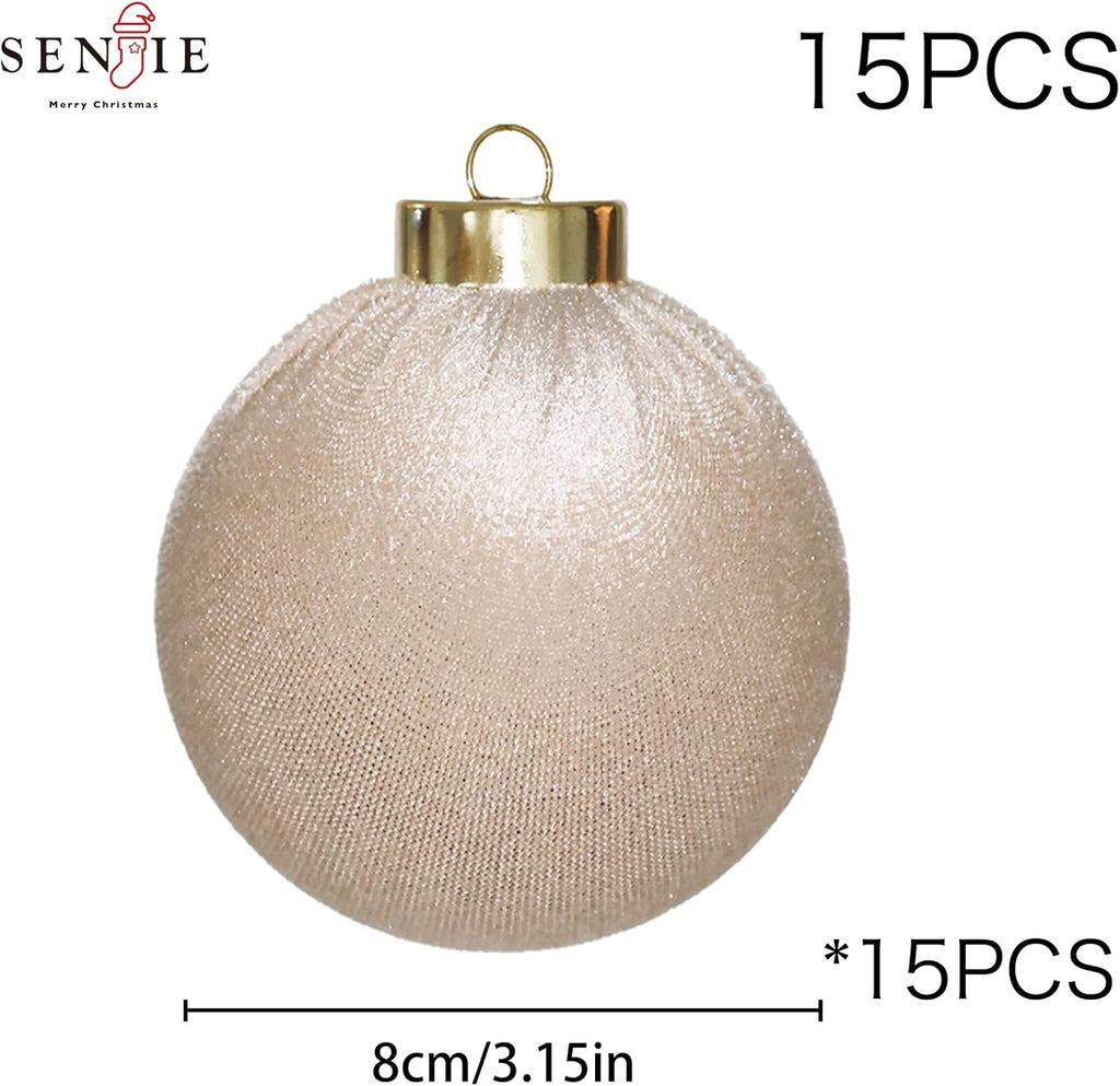 3.15inch Velvet Ornaments for Christmas Tree, 15pcs Flocked Christmas Ornaments Decorations Balls Set Decor Beige
