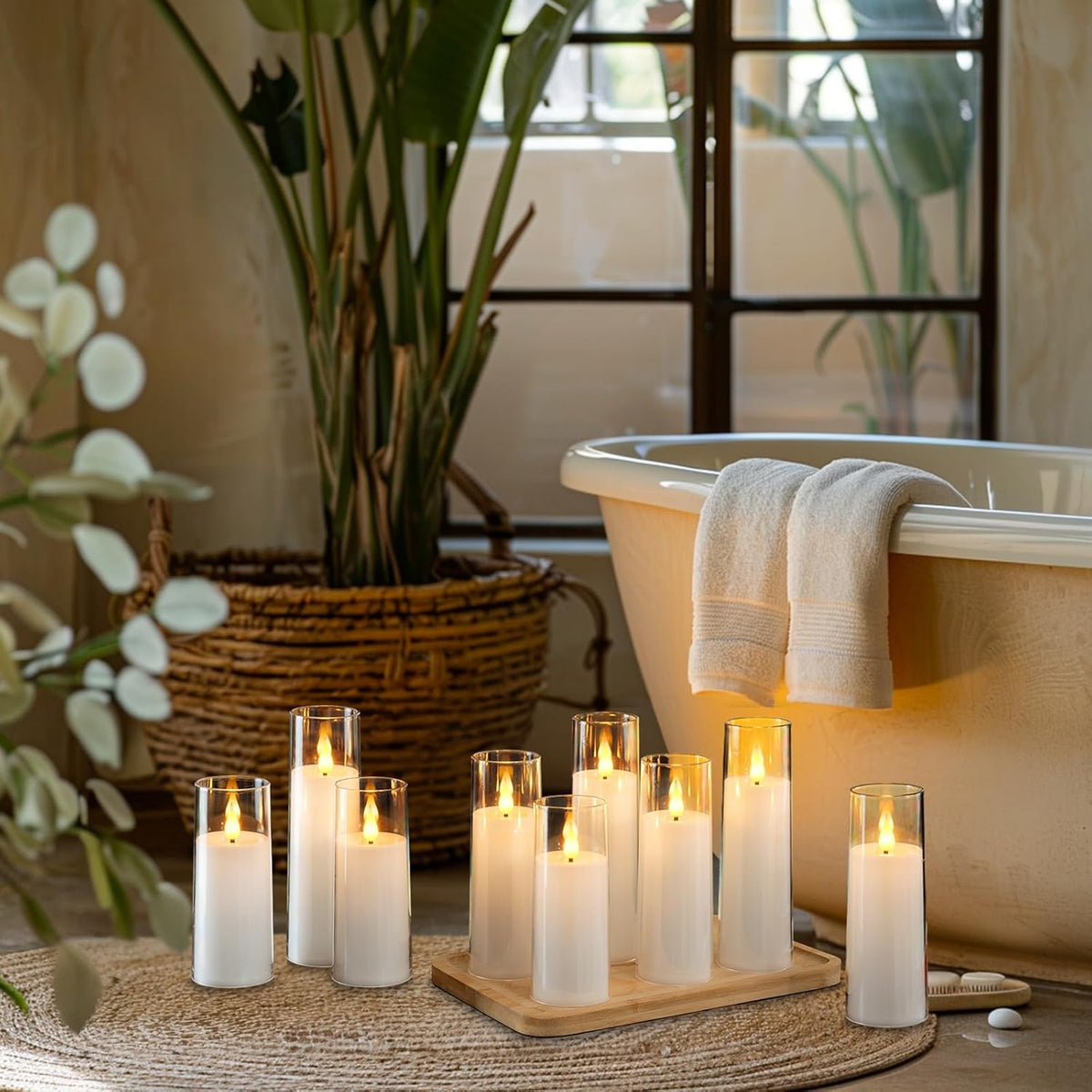 Amagic Pure White Flameless Candles, 9 Pack Battery Operated Candles with Remote and Timer, Acrylic Flickering Electric LED Candles for Wedding, Holiday Decor, D2.2''xH5''6" 7", Warm Yellow Glow