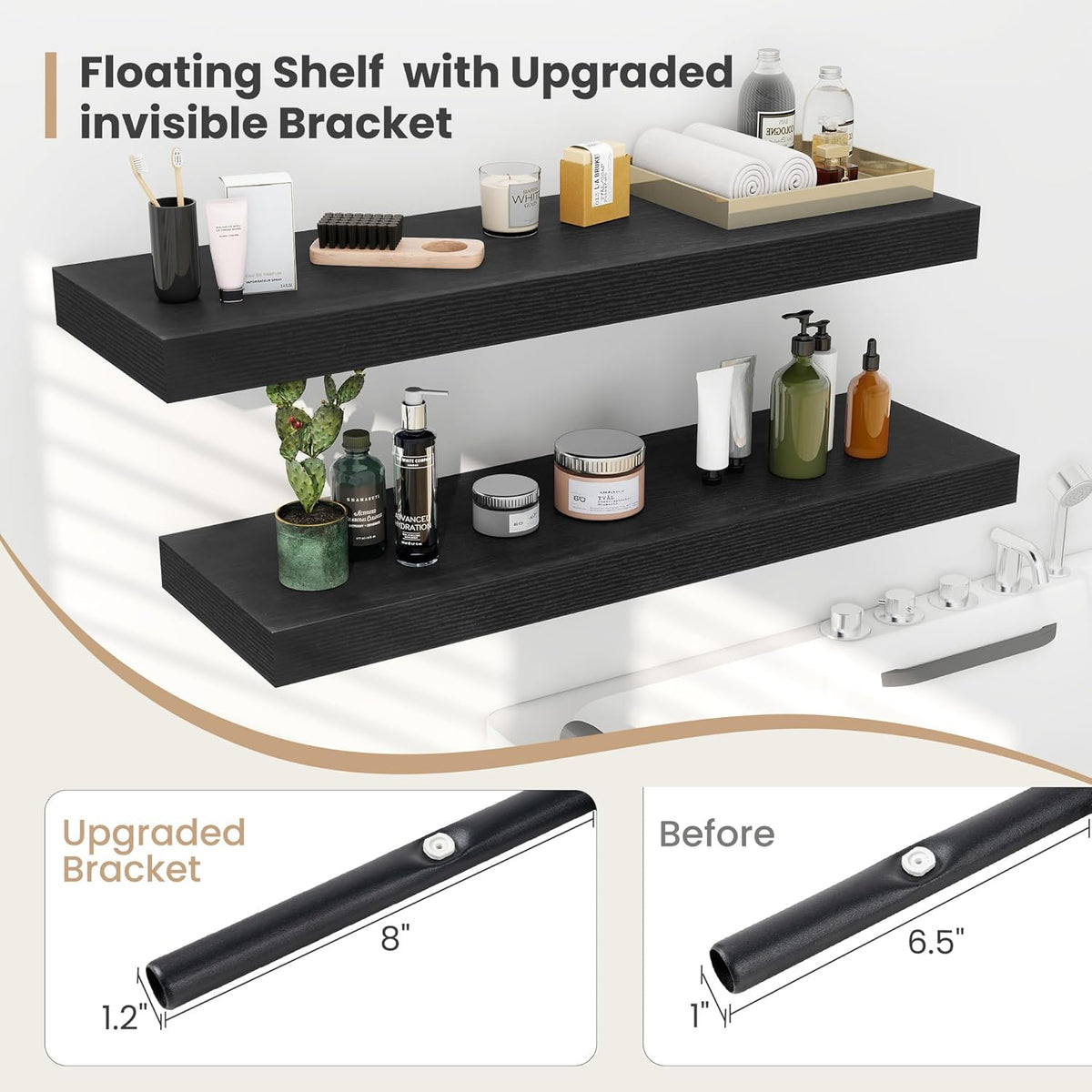 Heimlove 12 Inch Deep Floating Shelves, 16 x 12 inches Long Wall Shelf, Large Extra Display Shelf & Storage Shelf, Rustic Wood Wall Shelves for Fireplace Mantel, Black - 2Pack