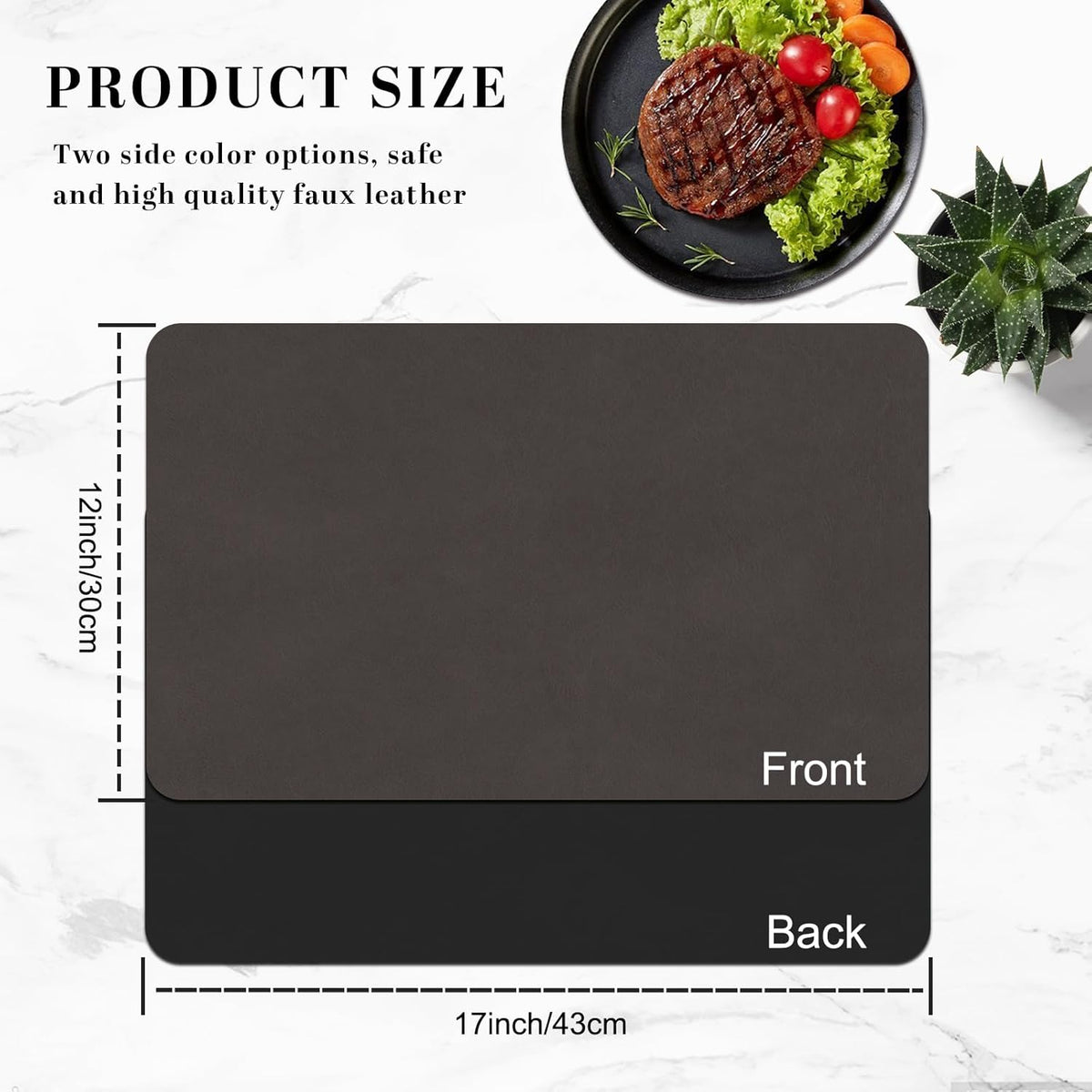Faux Leather Placemats, Set of 4, 12''×17' Textures on Both Sides, Heat-Resistant, Waterproof and Oil-Proof, Reversible Place Mats for Kitchen, Dining Table, Outdoor-Coffee&Black
